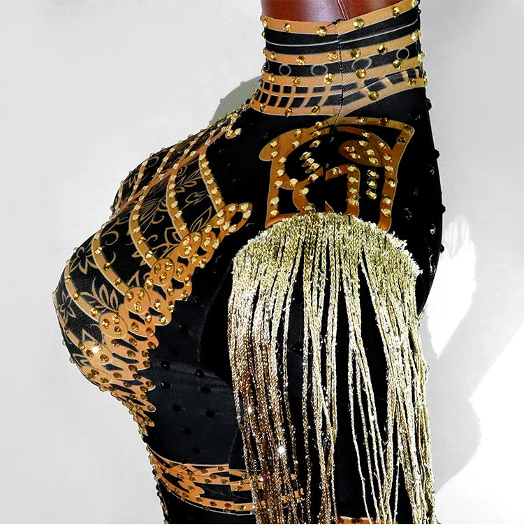 Luxury Rhinestone Fringe Bodysuit Sparkly Sequin Leotard Women Stage Performance Wear Drag Queen Costume Nightclub GOGO Dance Ou