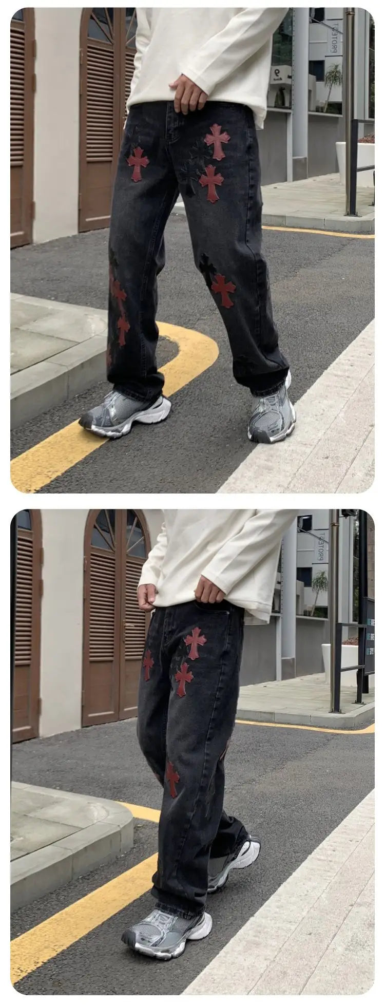 Men's Denim Black Cross Print Streetwear Mid-Rise Straight Leg Wide Leg Jeans