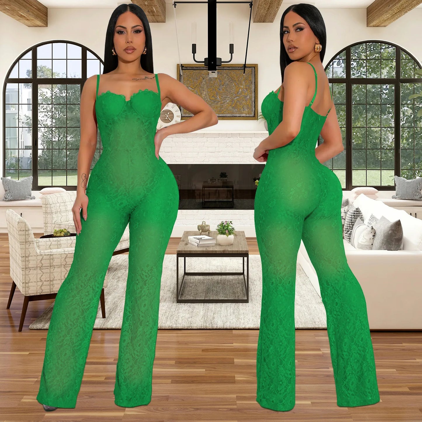 Lace Sexy Sheer Mesh Sleeveless Spaghetti Strap Solid Color Formal Jumpsuit