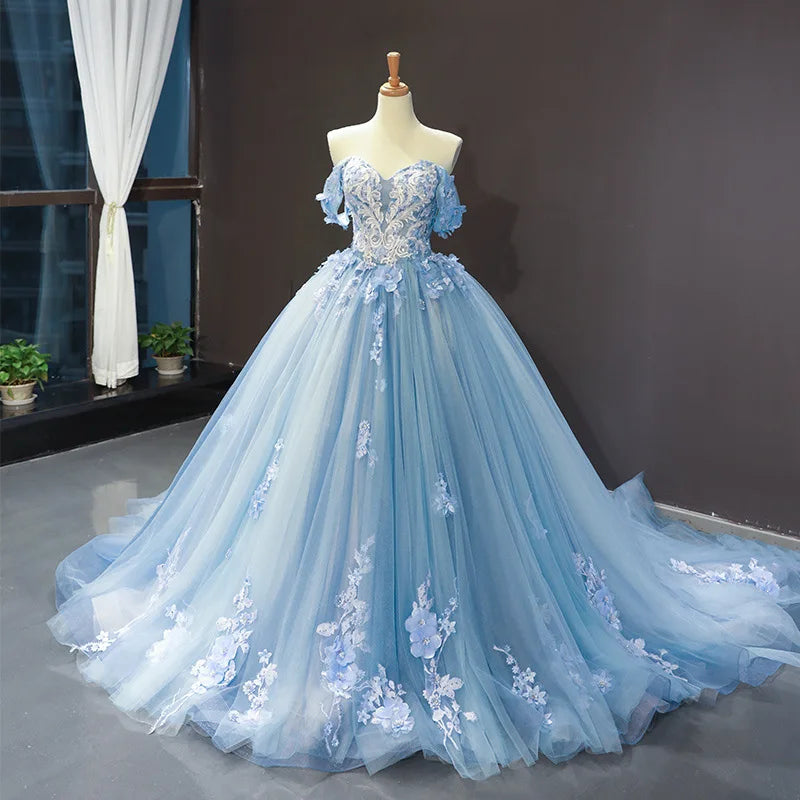 Vintage Quinceanera Off-the-Shoulder Shoulder Prom Dress Lace Floor-Length Evening Gown/Prom Dress w/ Small Train