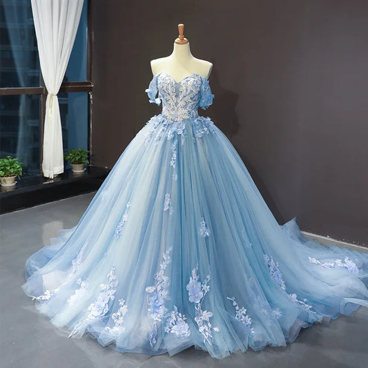 Vintage Quinceanera Off-the-Shoulder Shoulder Prom Dress Lace Floor-Length Evening Gown/Prom Dress w/ Small Train