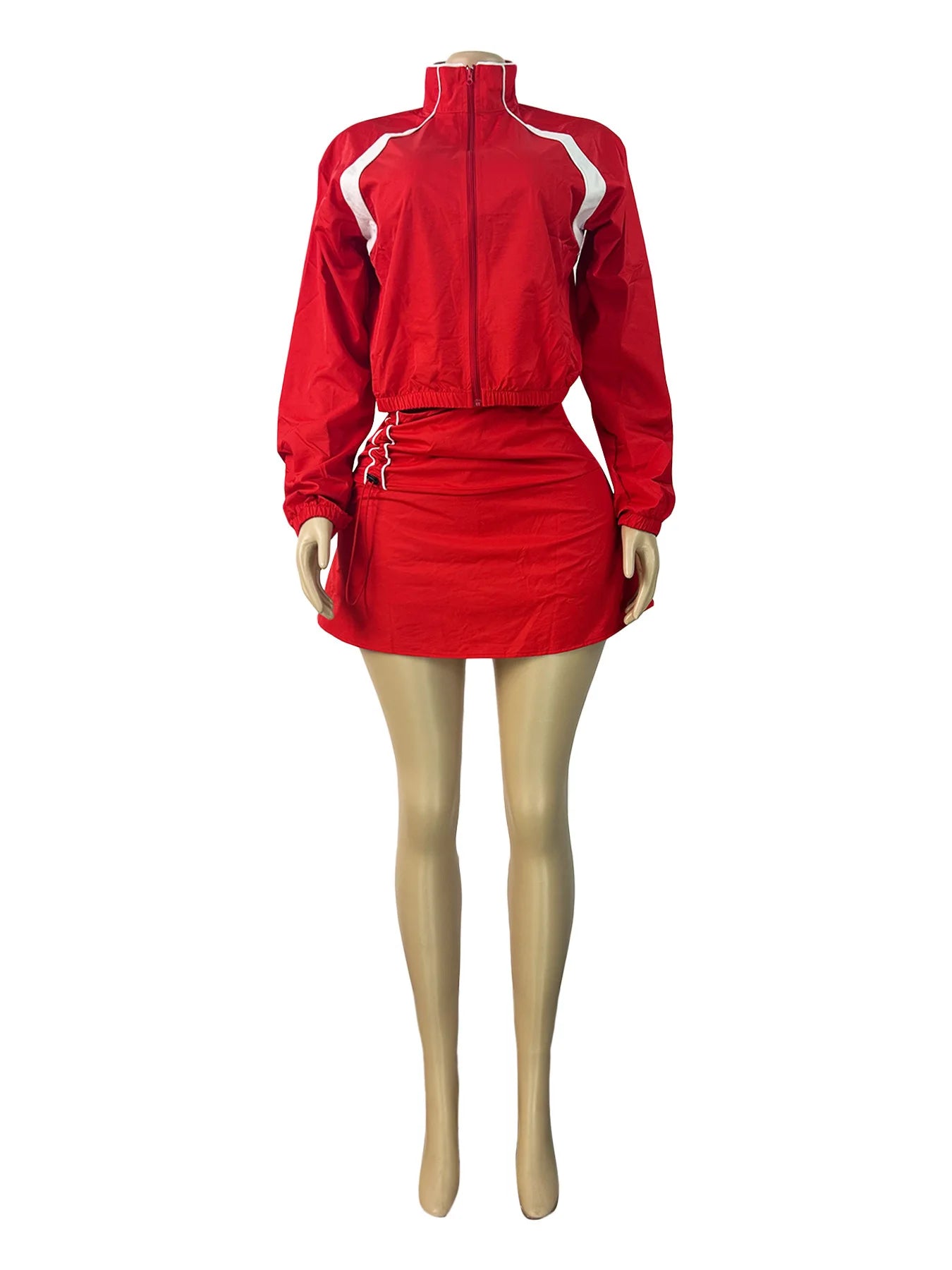 Striped Stand Collar Women's Zipper Fitness Jacket+ Drawstring Ruched Mini Tennis Skirt Solid Color 2-Piece Set