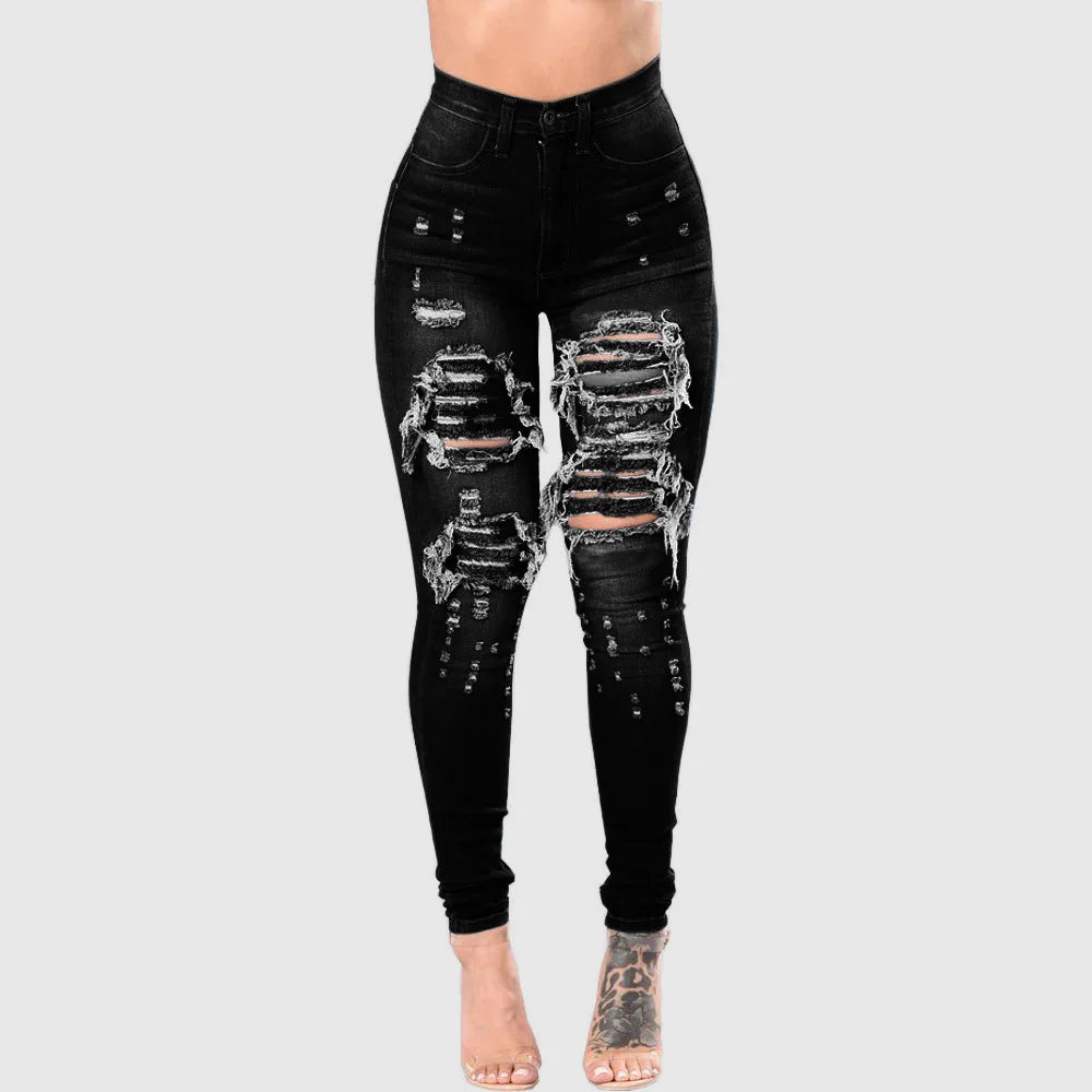 Ripped Hollow-Out Denim High Waist Stretch Skinny Pencil Women's Jeans