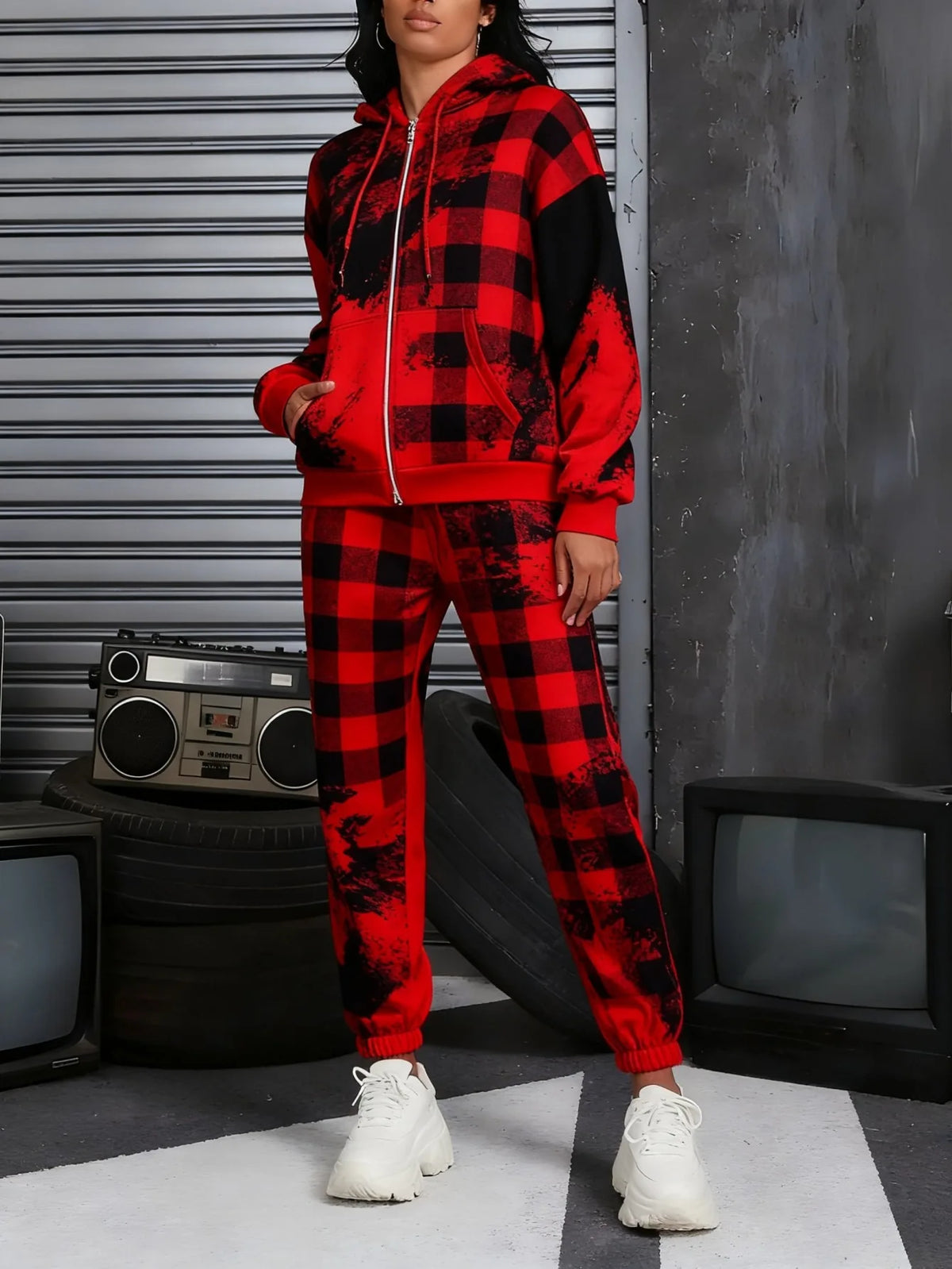 Drawstring Plaid Checker Colorblock/Houndstooth Print Women's Zipper Hoodie Jacket + Sweatpants Tracksuit