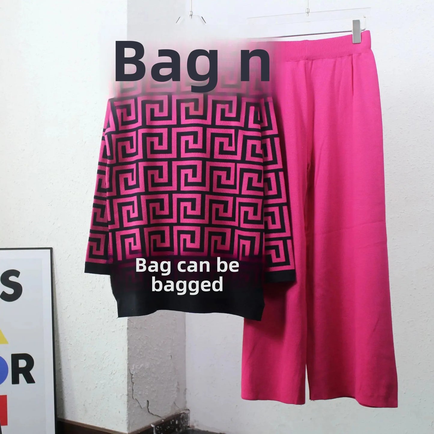 Geometric Colorblock High Collar Sweater + Wide Leg Pants Women's 2-Piece Set