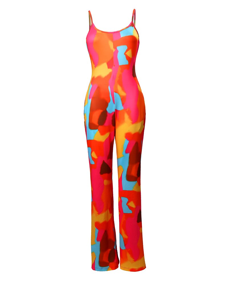 Tie Dye U-Neck Spaghetti Strap Sleeveless Bodycon Jumpsuit