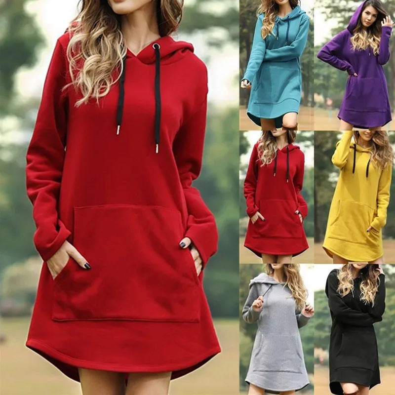 Oversized Pullover Drawstring Solid Color Knee-Length Hoodie Sweatshirt Dress to 3X Plus Size