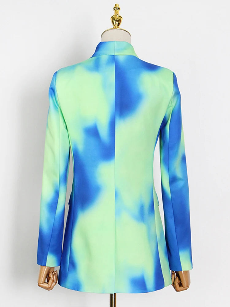 Tie-Dye Notched Collar Double Breasted Long Sleeve Blazer + Harem Pants Women's Suit