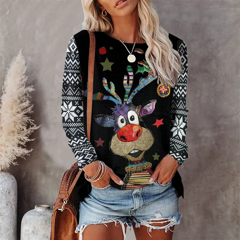 Cartoon Christmas Santa/Reindeer/Christmas Tree Graphic 3D Printed Women's Long Sleeve Pullover Round-Neck Christmas T-Shirts