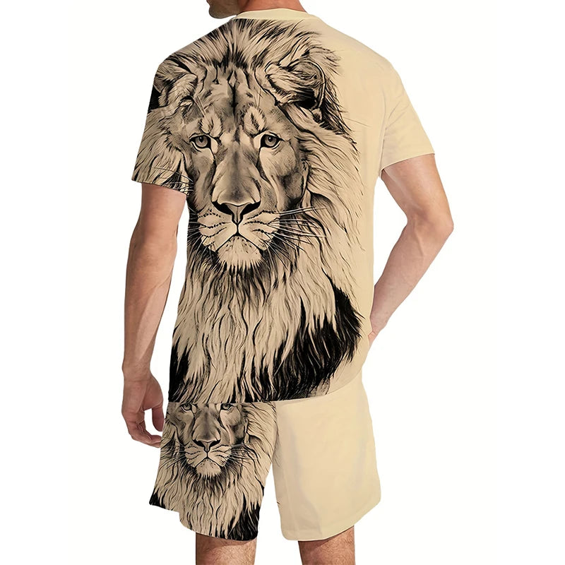 3D Lion Print Men's Streetwear Oversized Graphic T-Shirt + Shorts 2-Piece Set to 6X Big & Tall