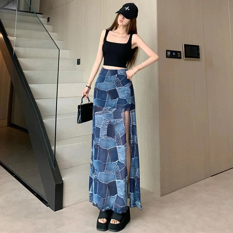 Colorblock Plaid Faux Denim Print High Slit A-Line Maxi Skirt