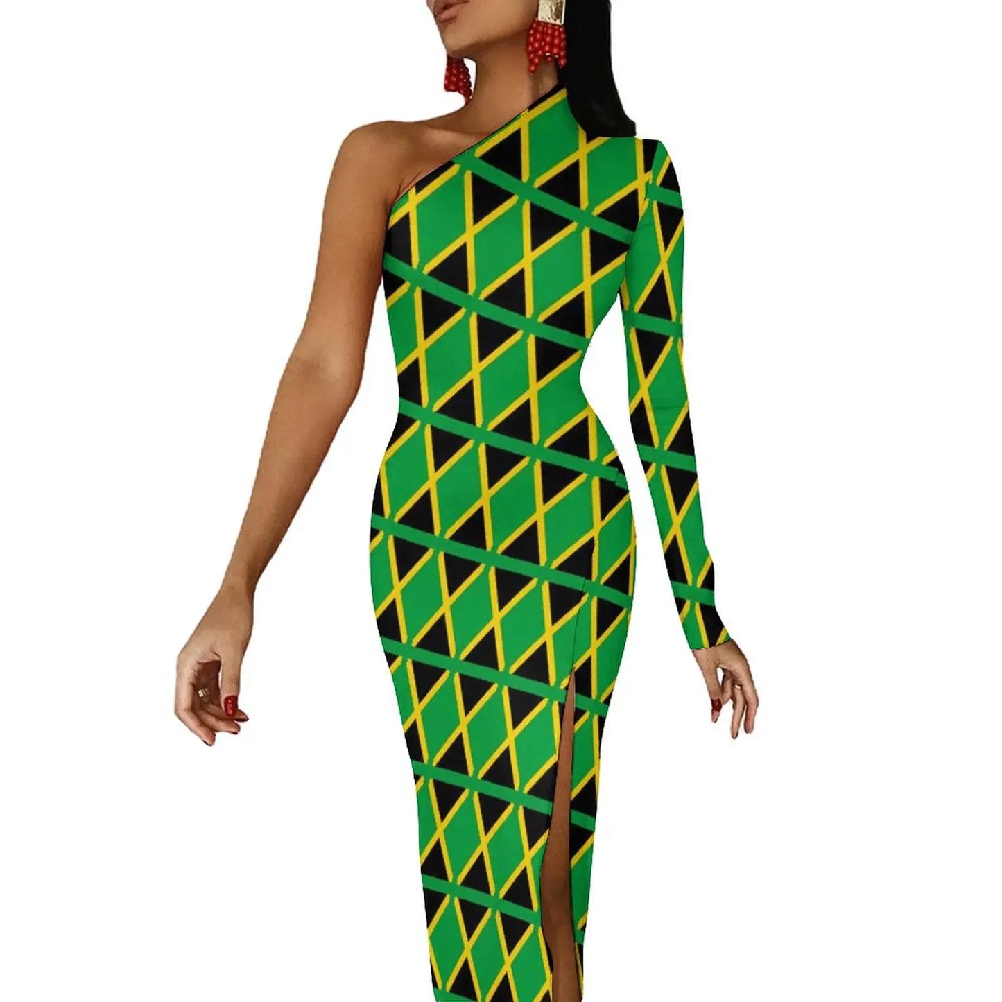 Jamaica Flag Colors Striped/Geometric/Camoflauge High Side Slit One Sleeve Streetwear Bodycon Maxi Dress