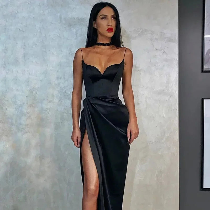 Satin V-Neck High Slit Bodycon Backless Sleeveless Formal Party Dress