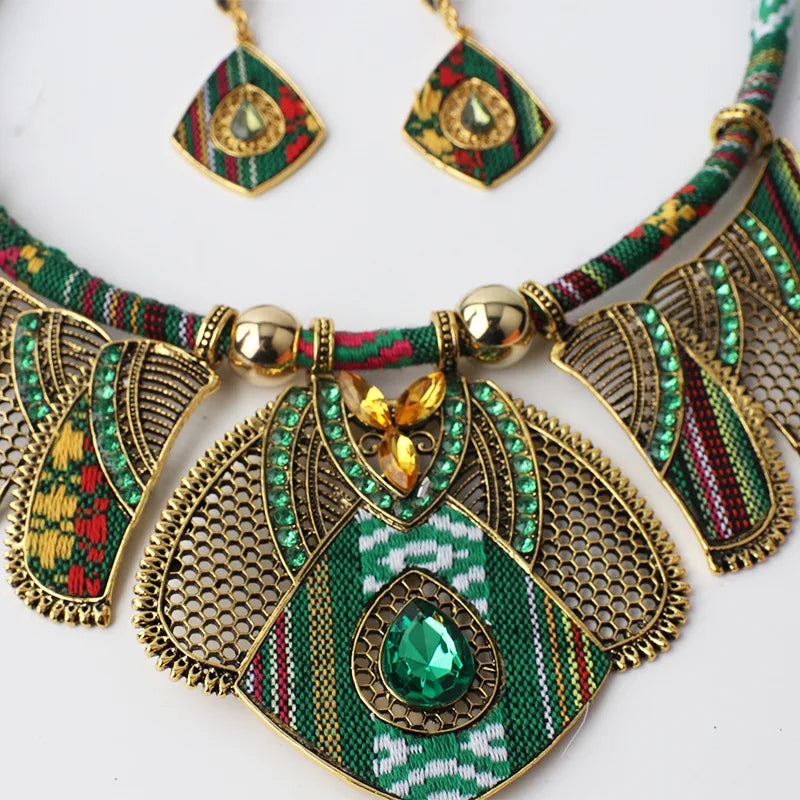 African Geometric Statement Torque Bohemian Choker Necklace w/ Earrings 2-Piece Jewelry Set