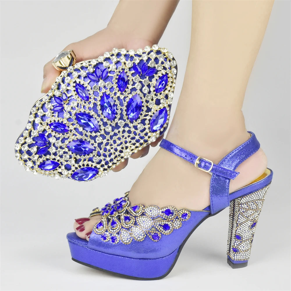 Peacock Design Rhinestone Slingback Platform African Women's Wedding Pumps Shoe + Purse Set