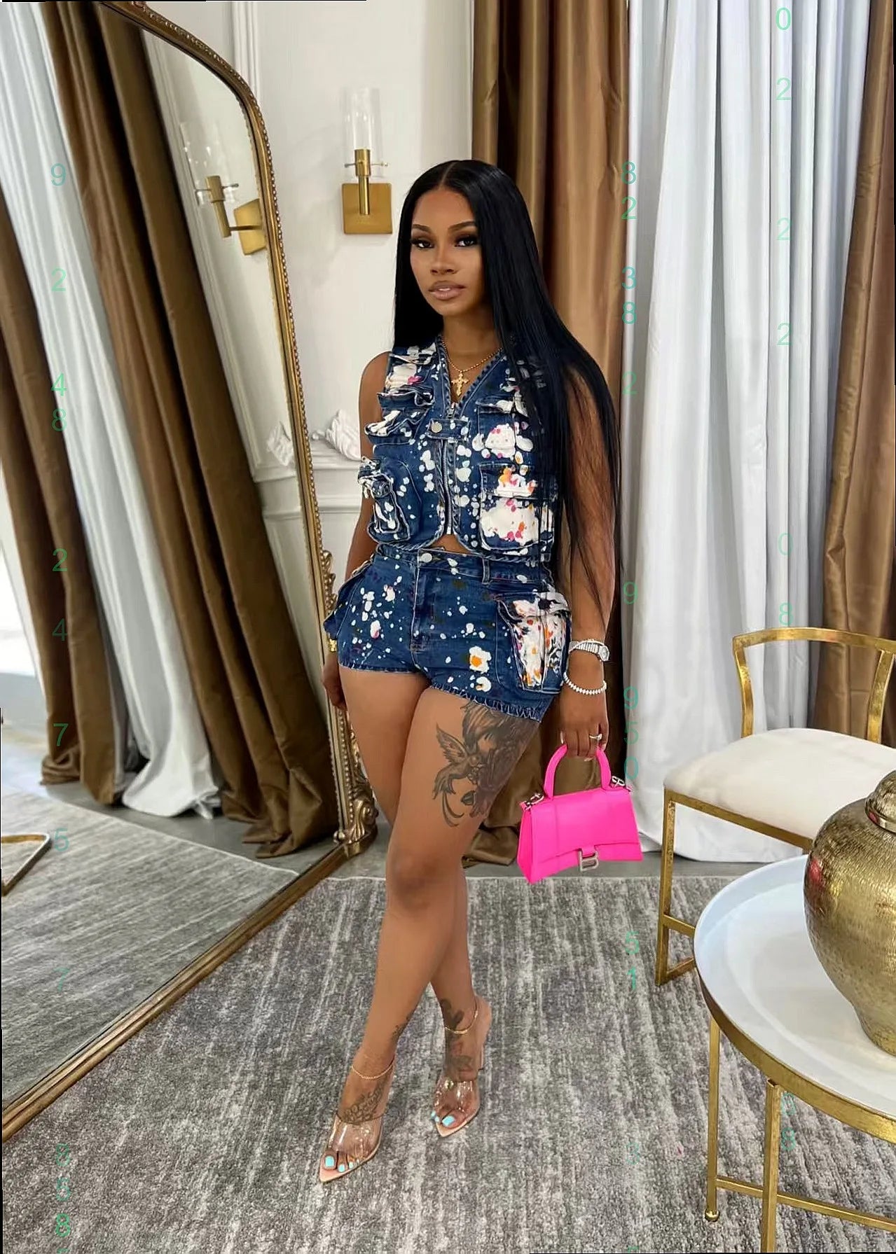 Denim Floral Tie-Dye Print Cargo Multi-Pocketed Sleeveless Vest + Matching Jean Shorts Women's 2-Piece Set
