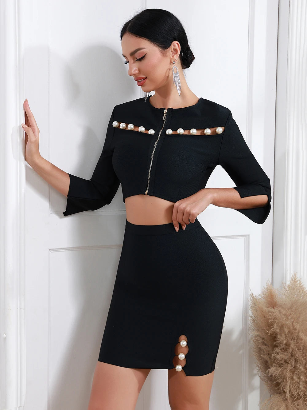 Pearl Embellished Black Bandage O-Neck 3/4 Sleeve Zipper Cropped Blazer + Skinny Fit Skirt Women's Suit