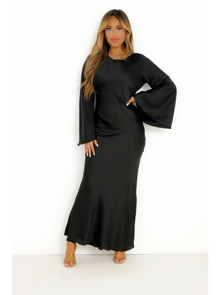 Satin Solid Flared Long Sleeve Maxi Dress