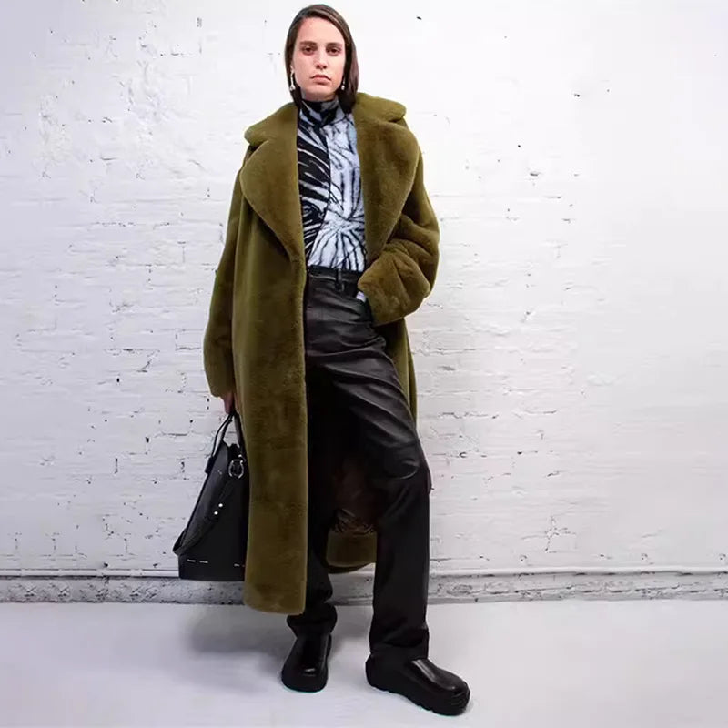 Plush Faux Fur Turn-Down Collar Solid Color Women's Loose Trenchcoat w/ Sash Belt to 5X Plus Size