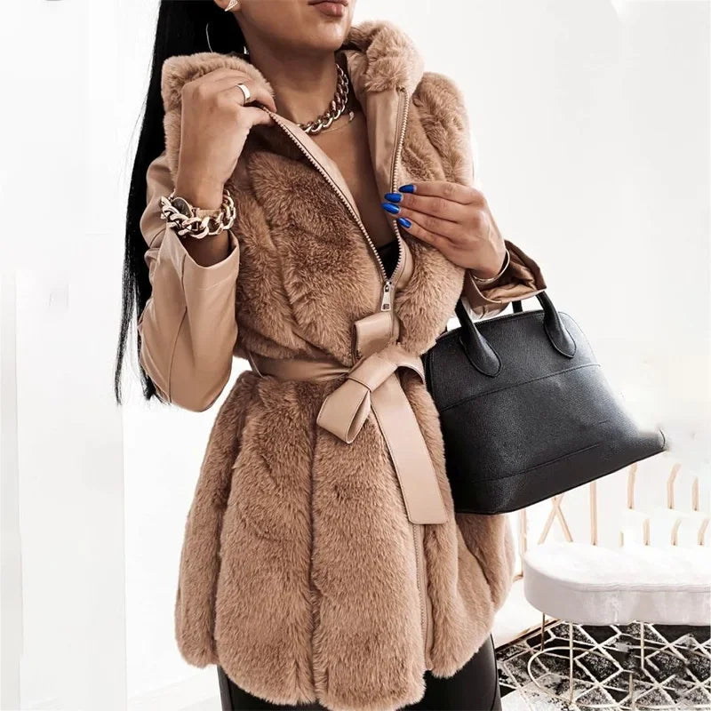 Patchwork Ribbed Sleeve Faux Fur PU Leather Solid Color Hooded Women's Zipper 3/4 Length Coat w/ Sash Belt