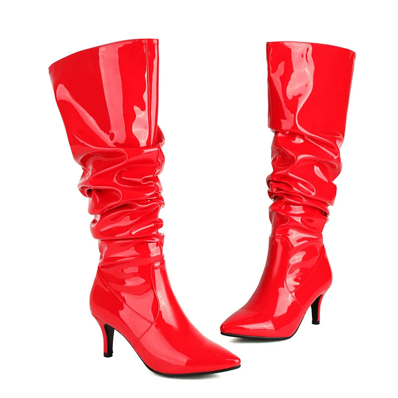 Ruched Metallic Mirror Pleated Patent Leather Pointed Toe Spike Heel Knee-High Boots