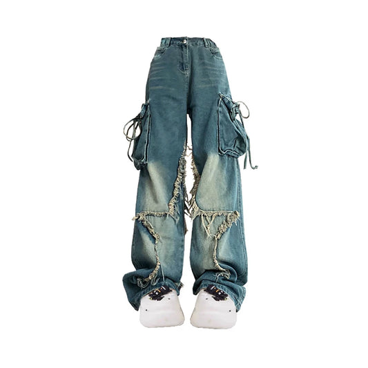 Baggy Patchwork Blue Distressed Vintage Washed High Waist Streetwear Cargo Jeans