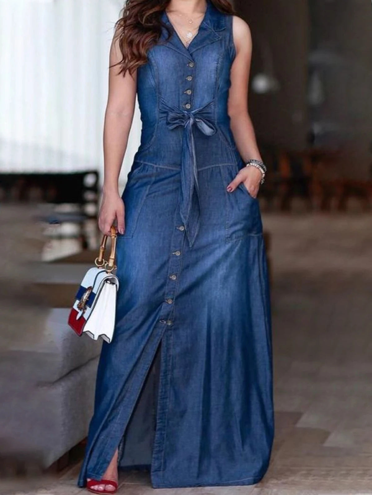 Denim Sleeveless Collar Light Washed Bowtie Sash Belt Oversized Loose Tank Jean Maxi Dress