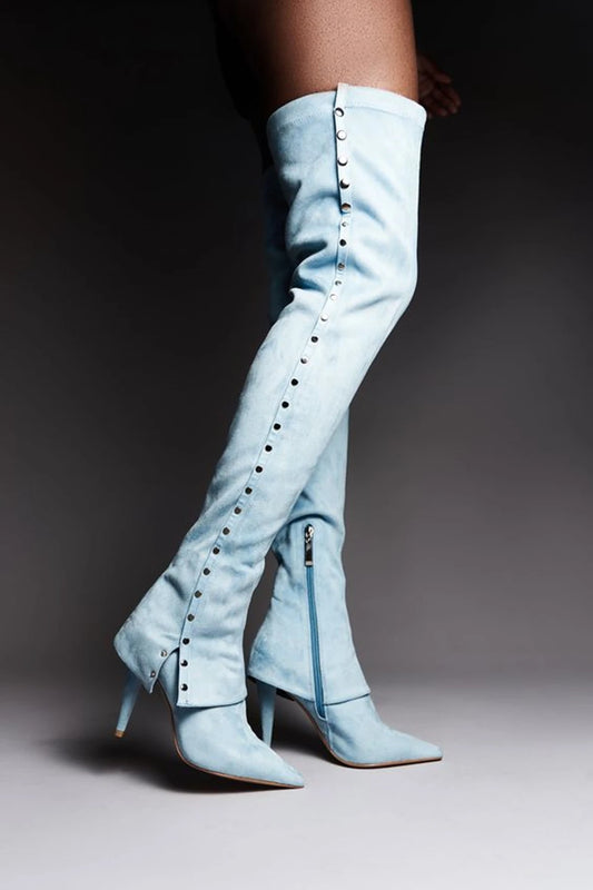 Faded Light Blue Suede Side Stud Buckle Embellished Over-the-Knee Zipper Pointed Toe Stiletto Heel Boots