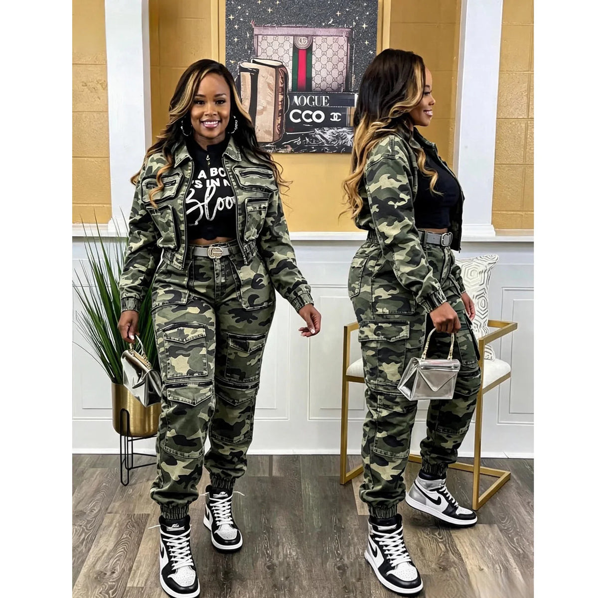 Denim Camoflauge Multi-Pocketed Women's Turn-Down Collar Jean Jacket + Cargo Jeans 2-Piece Set