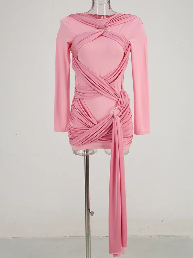 Pink Draped Long Sleeve O-Neck CrissCross Ring Mini Runway Dress