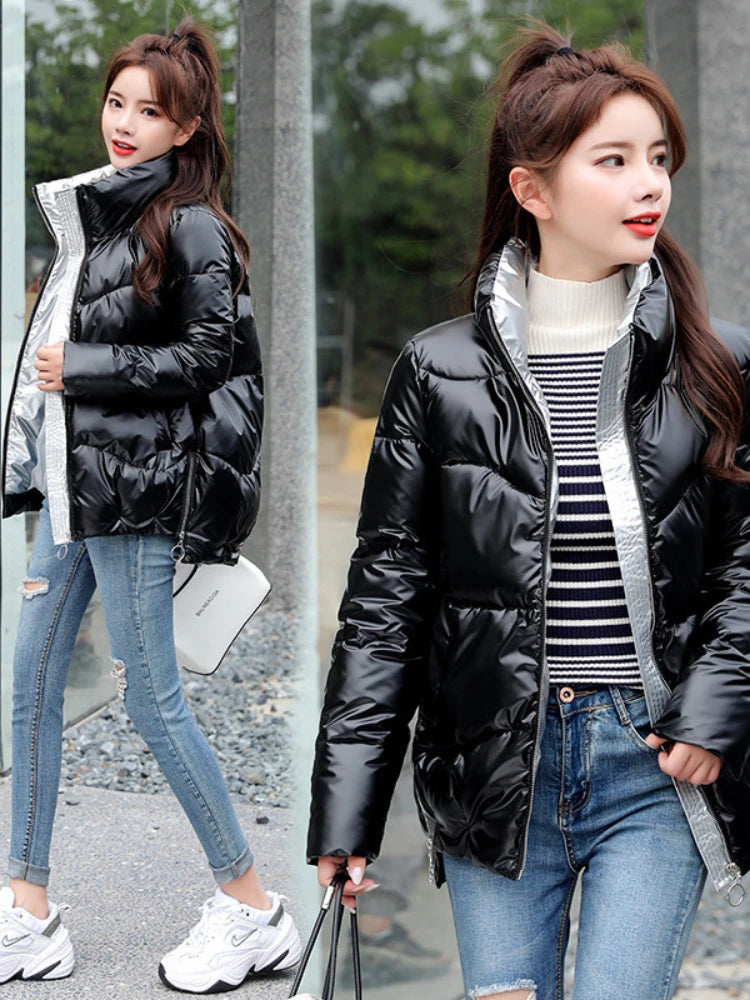 Metallic Padded Thick Stand Collar Oversized Cotton Ladies Coat