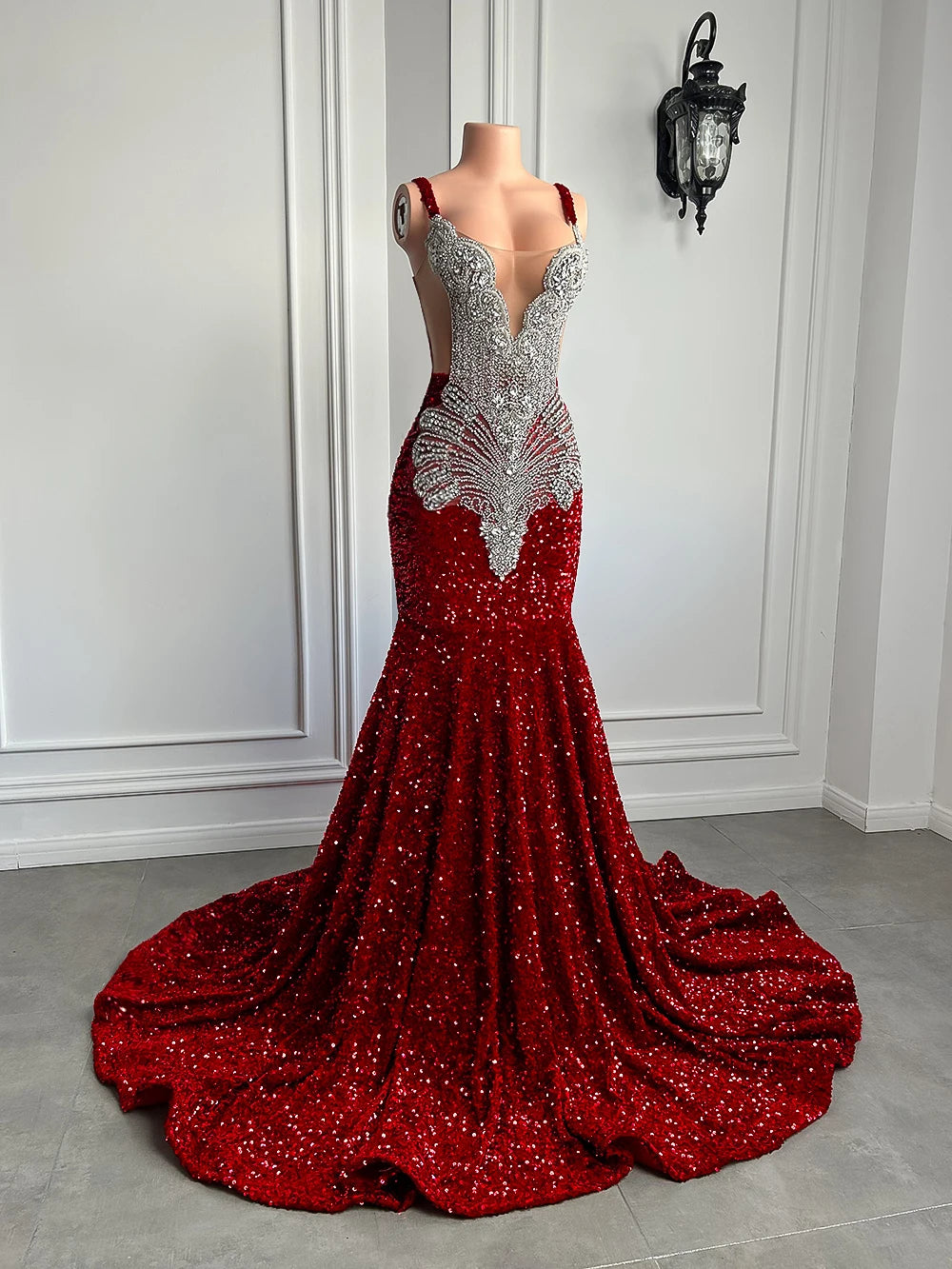 Mermaid Style Sparkling Crystal Red Prom Party Formal Dress