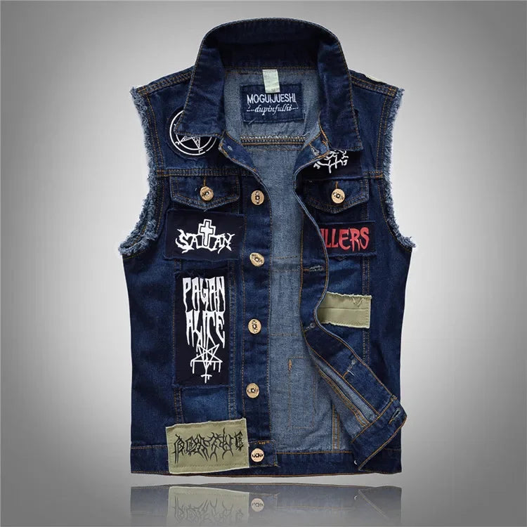 Men's Denim Ripped Skinny Punk Patchwork Sleeveless Button-Up Jean Vest