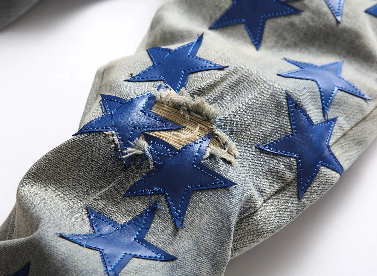 Men’s 3D Big Star Design Light Blue Washed Ripped Denim Punk Ruched Skinny Jeans