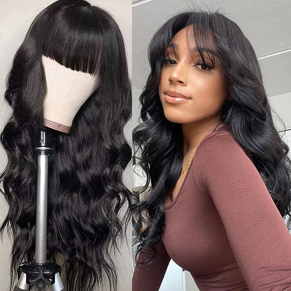 Brazilian Body Wave Lacefront 100% Human Hair Pre-Plucked 13x4 Fringe w/ Bangs Glueless Wig