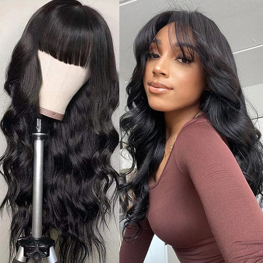 Brazilian Body Wave Lacefront 100% Human Hair Pre-Plucked 13x4 Fringe w/ Bangs Glueless Wig