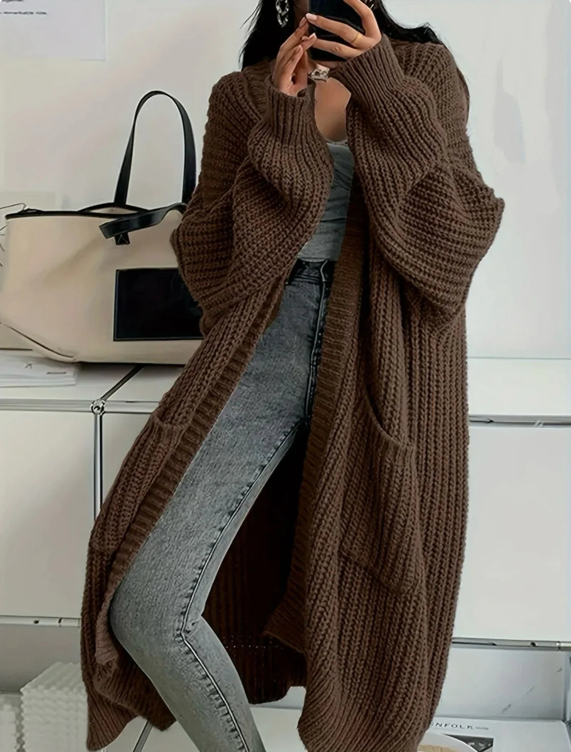 Oversized Cable Knitted Open Front Loose Women's Maxi Cardigan Sweater