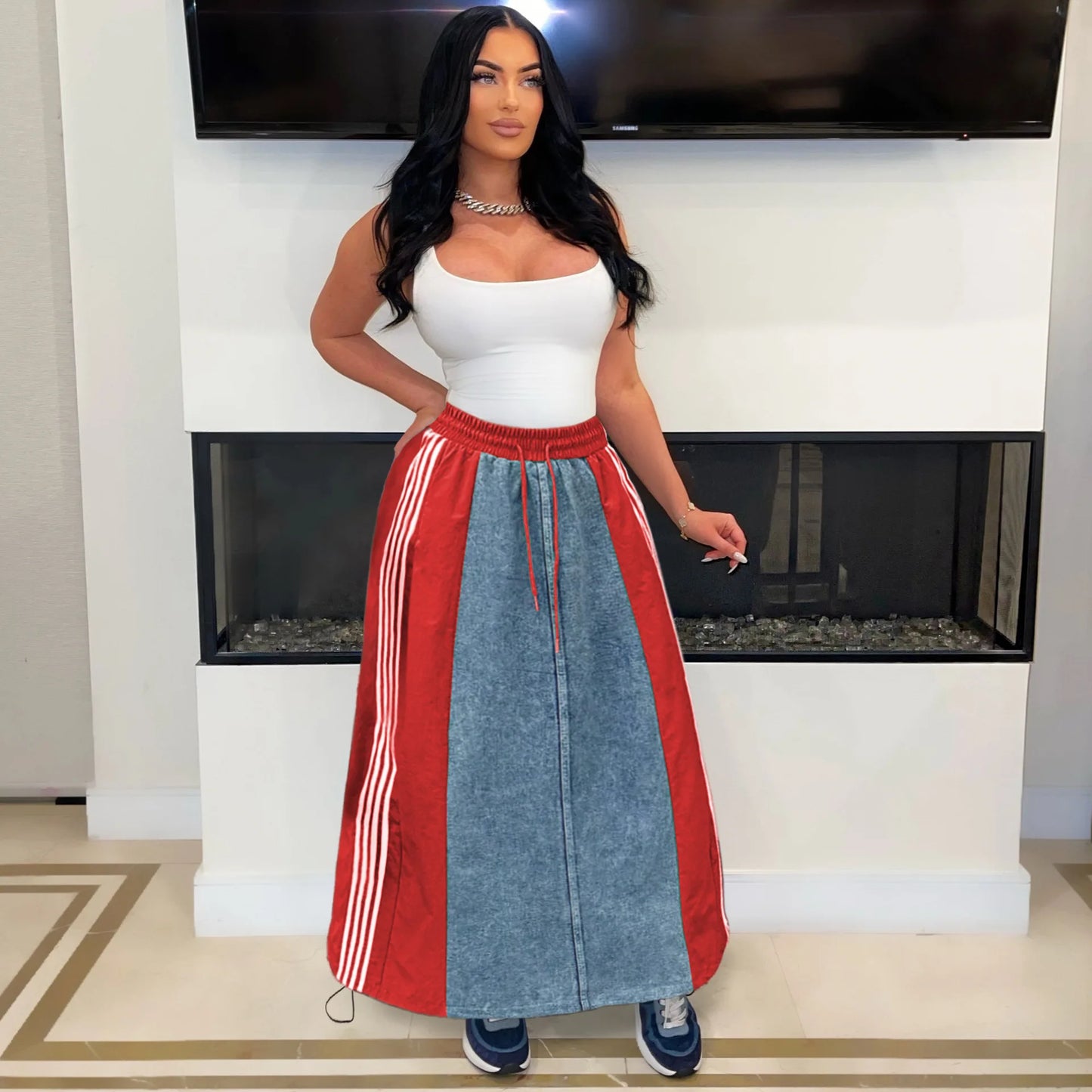 Denim Colorblock Patchwork Side Striped High Waist Streetwear Maxi Jean Skirt