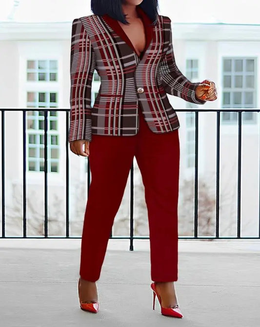 Burgundy Plaid Print Shawl Collar Long Sleeve Blazer & Pants Ladies Office Suit to 4X Plus