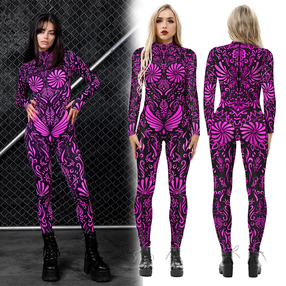Geometric Striped Print Skin Tight Long Sleeve Cosplay Women's Jumpsuits
