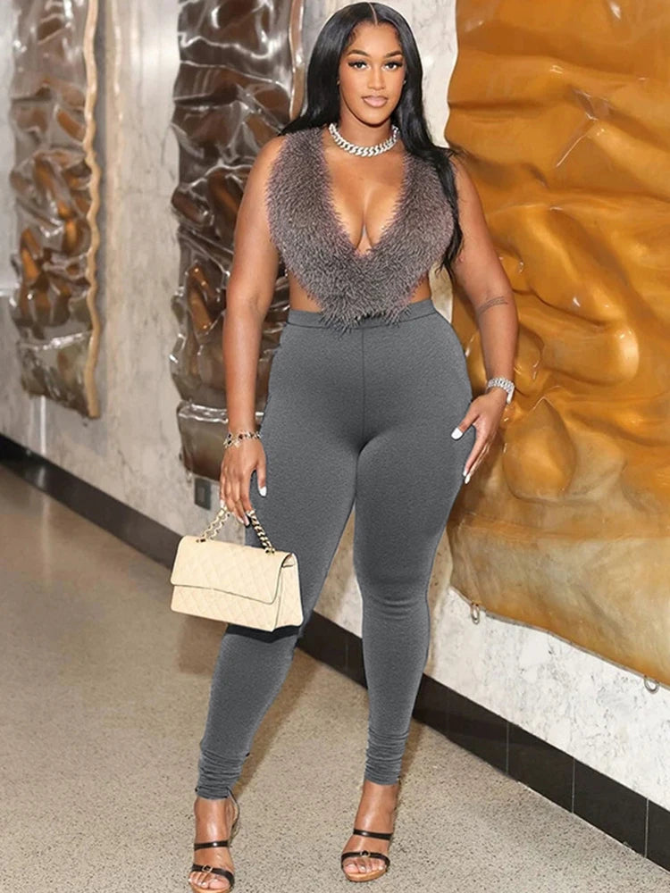 Sleeveless Faux Fur Tassel Lace-Up Halter Women's V-Neck Backless Vest + Elastic Leggings 2-Piece Set