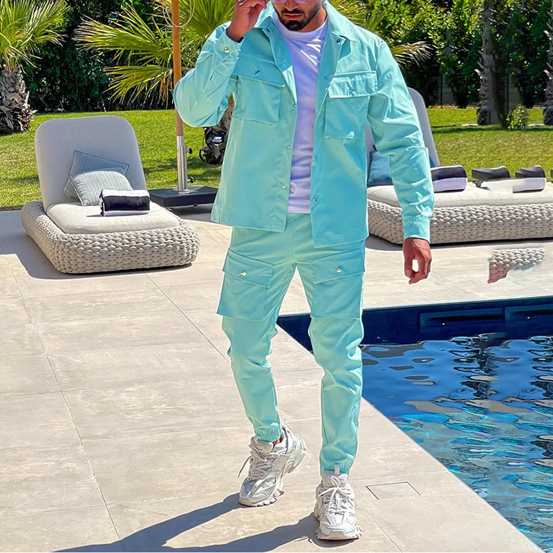 Men's Solid Color Pocket Button Detail Utility Jacket + Cargo Pants 2-Piece Set