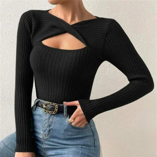 Ribbed Cut-Out Long Sleeve Solid Color Women's Sweater