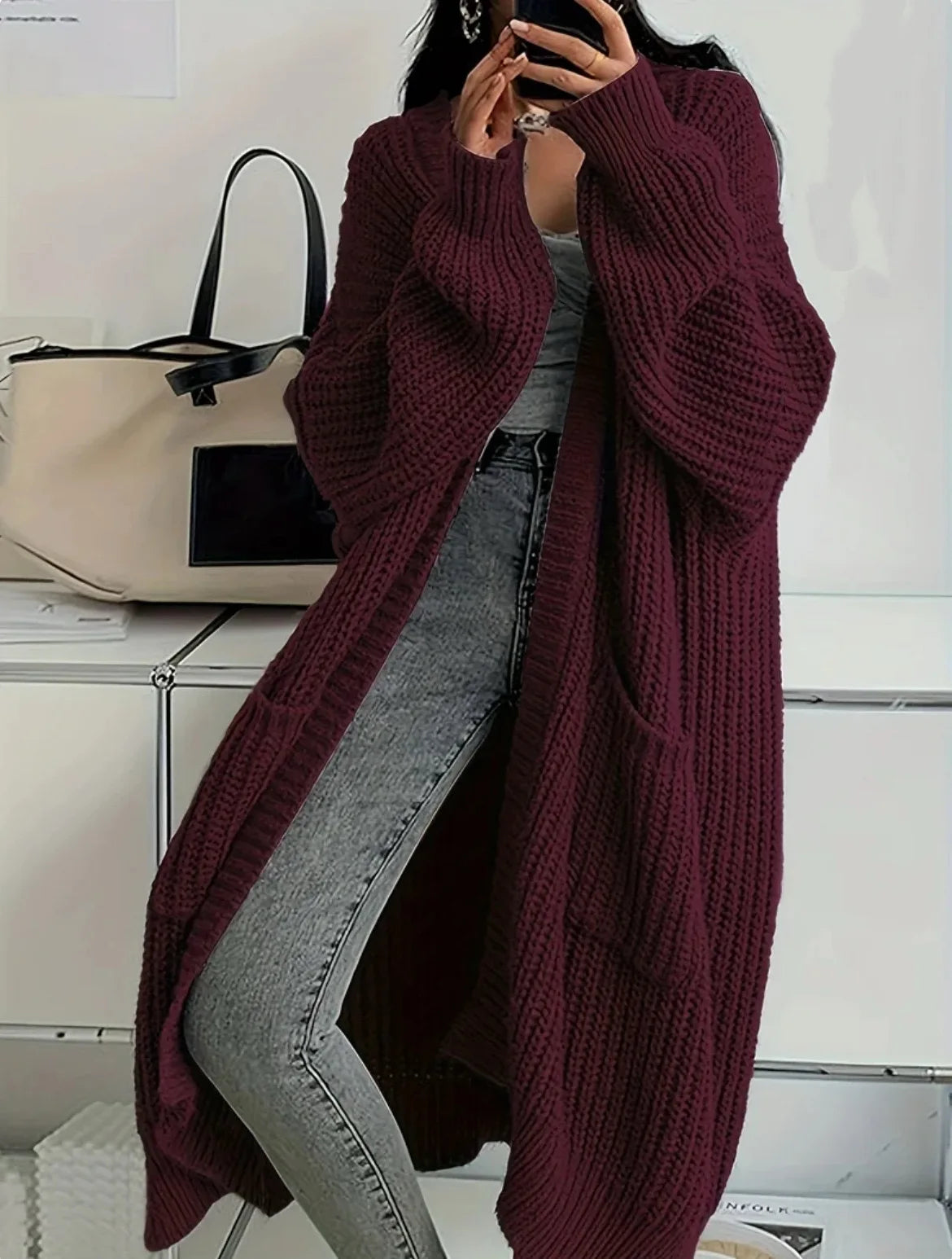Oversized Cable Knitted Open Front Loose Women's Maxi Cardigan Sweater