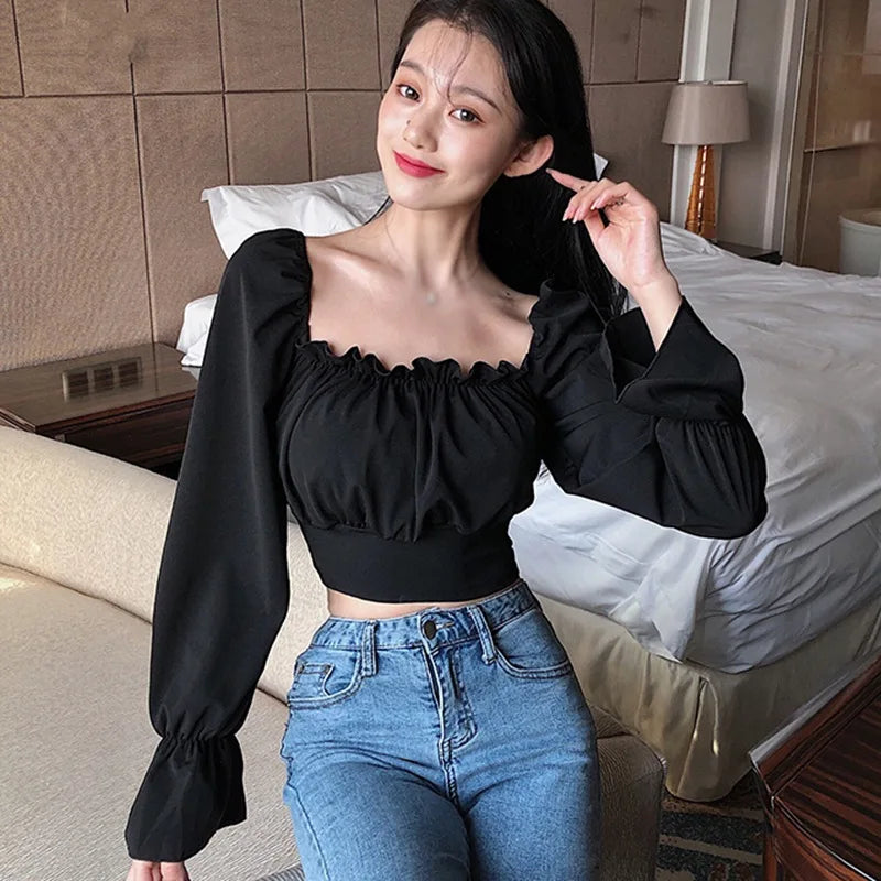 Bandage Criss-Cross Lace-Up Back Ruffled Elastic Slim Off-the-Shoulder Long Puff Sleeve Cropped Blouse