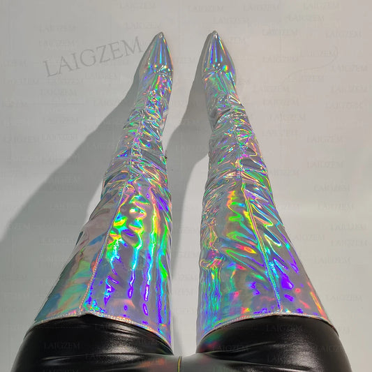 Metallic Solid Women's Holographic Side Zipper Thin High Heel Thigh High Boots