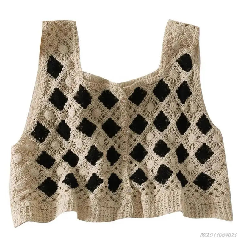 Crochet Multi-Colored Square Flower Design Knitted Square Neck Women's Sleeveless Cropped Tank Top