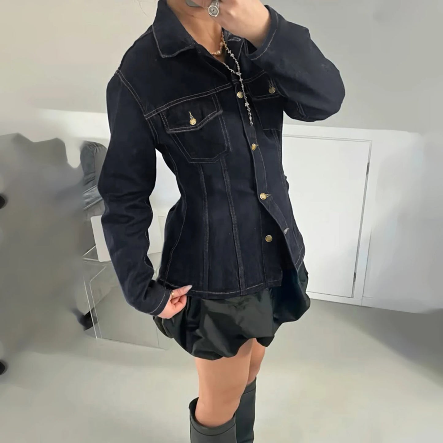 Denim Dark Blue Gold Button Detail Long Sleeve Turn-Down Collar Solid Color Women's Jean Jacket