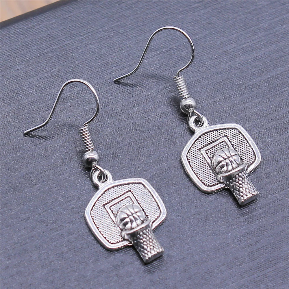 Basketball Hoop Backboard Handmade Antique Silver Pendant Hook Earrings