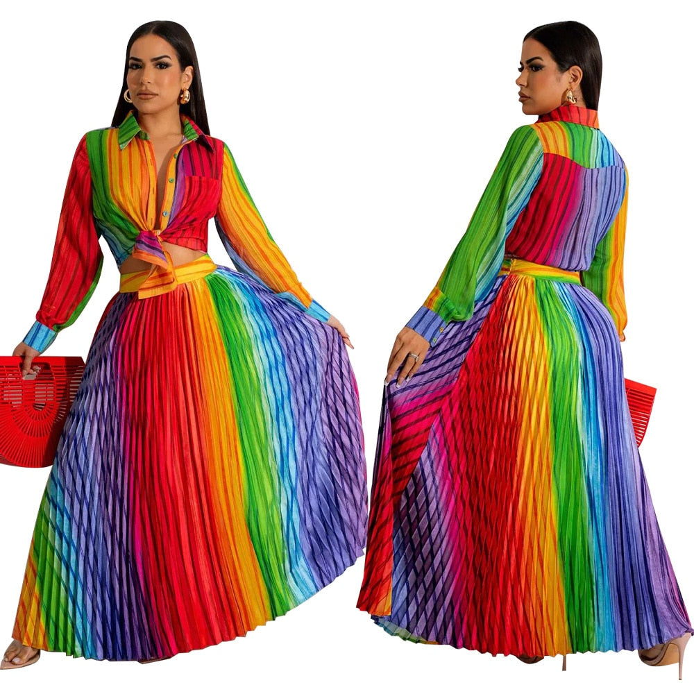 Rainbow Tie-Dye Long Sleeve V-Neck Printed Blouse + Pleated Maxi Skirt Matching 2-Piece Set